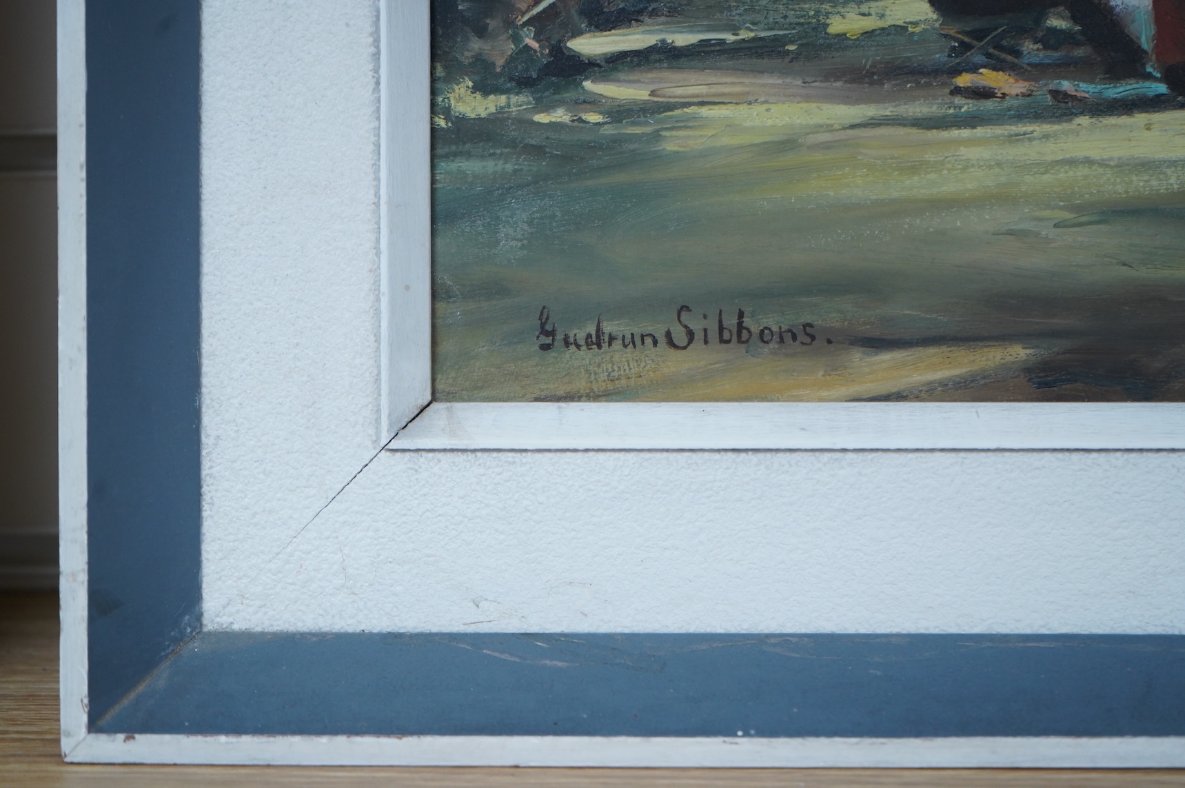 Gudrun Sibbons (b.1925), Anglers beside a river, signed, oil on board, 49 x 39cm
